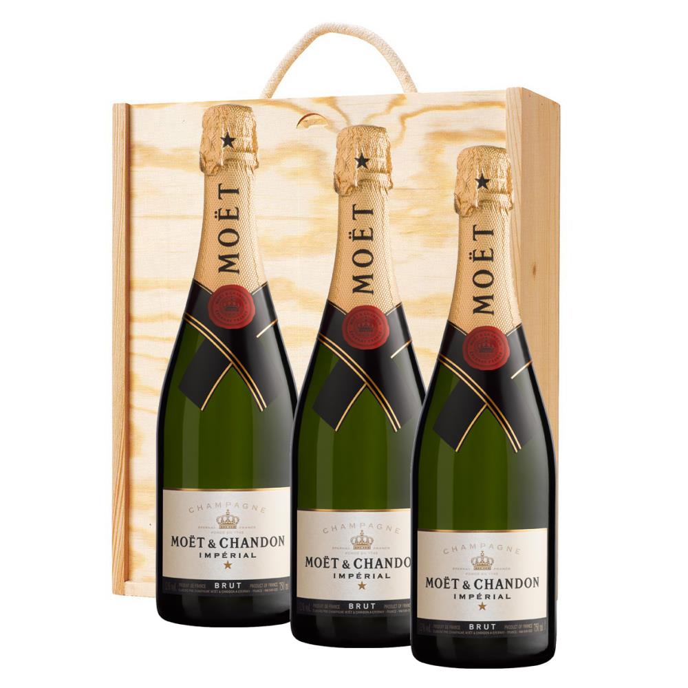 3 x Moet &amp;amp; Chandon Brut Imperial Champagne 75cl In A Pine Wooden Gift Box
